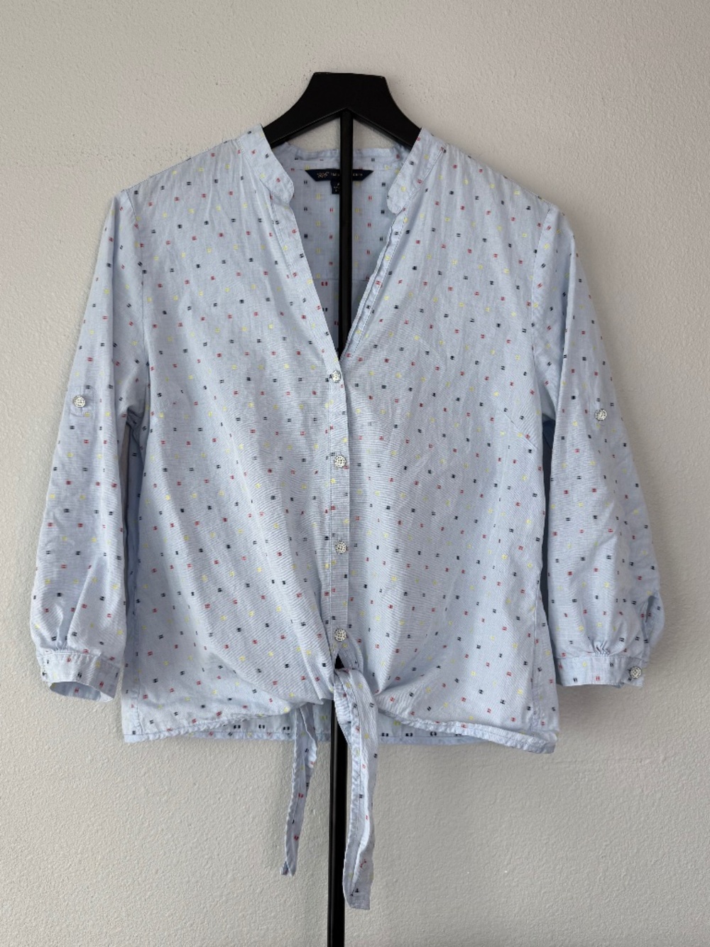 Brooks Brothers Blue Mini Print Blouse Tie Front Roll Tab Sleeve Women Size 10 - Picture 4 of 12
